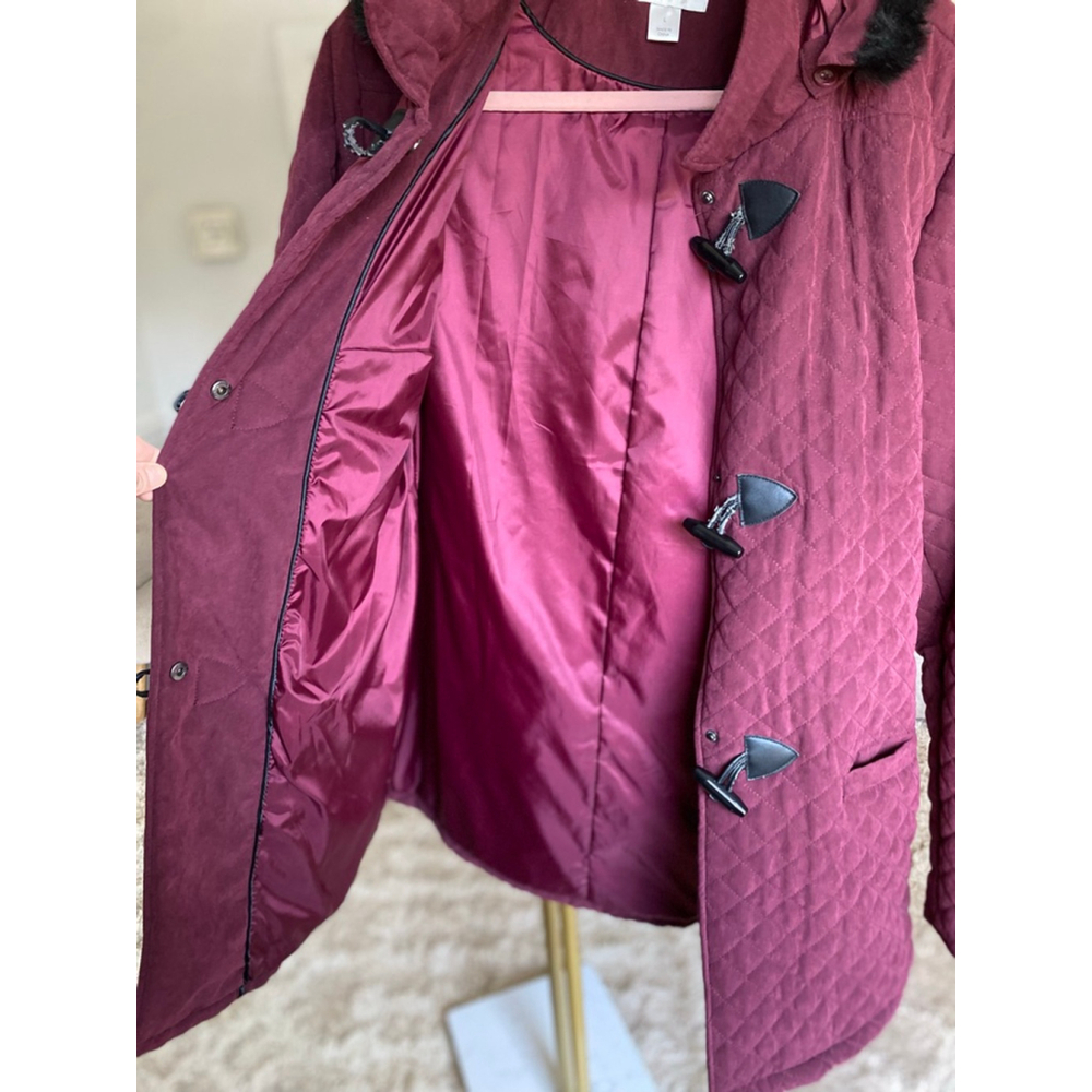 Christopher & Banks Quilted Peacoat Maroon Toggle Button Hooded Jacket L Classic - Picture 9 of 12